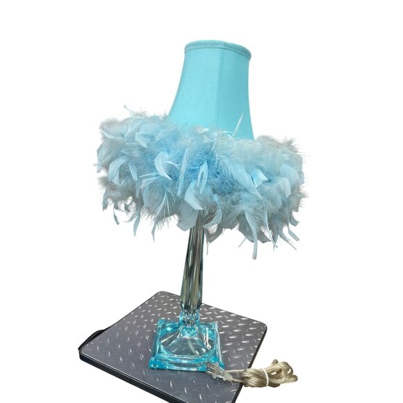 VTG Style Green Feather Boudoir Boho retro 70's Pedestal lamp SKU 9551 - Picture 2 of 11